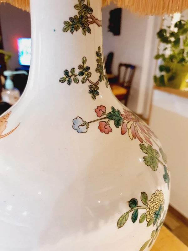 Grande Lampe Chinoiserie de Parquet : Porcelaine Famille Rose & Lin (50s-70s) 🌸