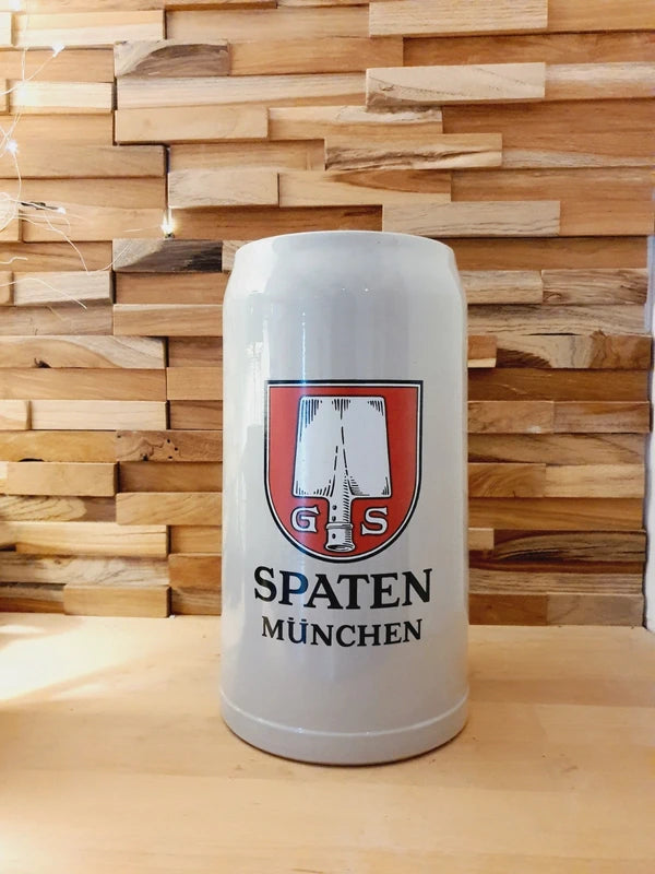 Très grande choppe à bière en grès gris avec logo rouge Spaten München et bandes blanches, contenance 5 litres, style bavarois vintage.