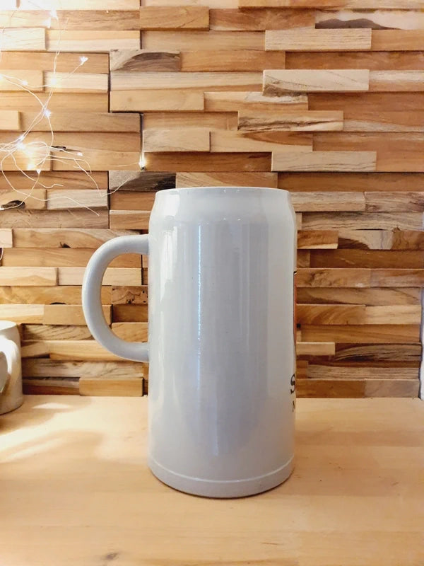 Très grande choppe à bière en grès gris avec logo rouge Spaten München et bandes blanches, contenance 5 litres, style bavarois vintage.