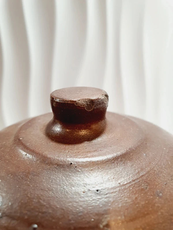 Pot chaudron tripode en grès émaillé vintage fait main avec couvercle et anses latérales, style déco rustique et campagnard.