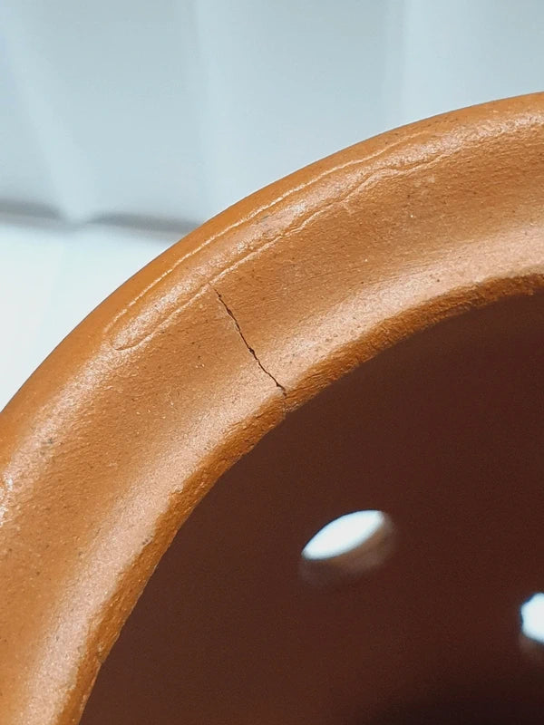 Pot à oignons vintage en terre cuite naturelle des années 1970 avec inscription en relief Oignons et trous d'aération circulaires à la base, montrant une fine fêlure de cuisson superficielle sur le rebord supérieur intérieur et mis en scène détourné en cache-pot avec une plante succulente Haworthia verte.