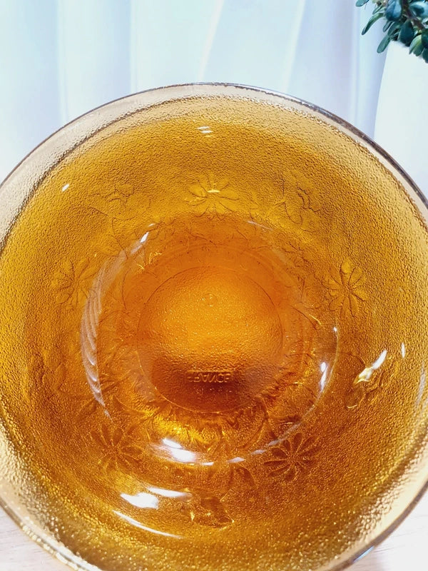 Lot de cinq coupelles petits bols en verre trempé ambré transparent avec motifs de fleurs et marguerites en relief sur l'extérieur texturé givré, marque Arcoroc France époque années 1970.