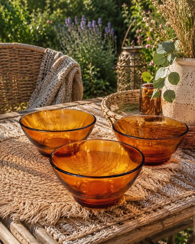 Trois bols en verre trempé ambré Duralex France vintage des années 1970 de fabrication française, vaisselle rétro de couleur orange ambré / marron clair transparente.
