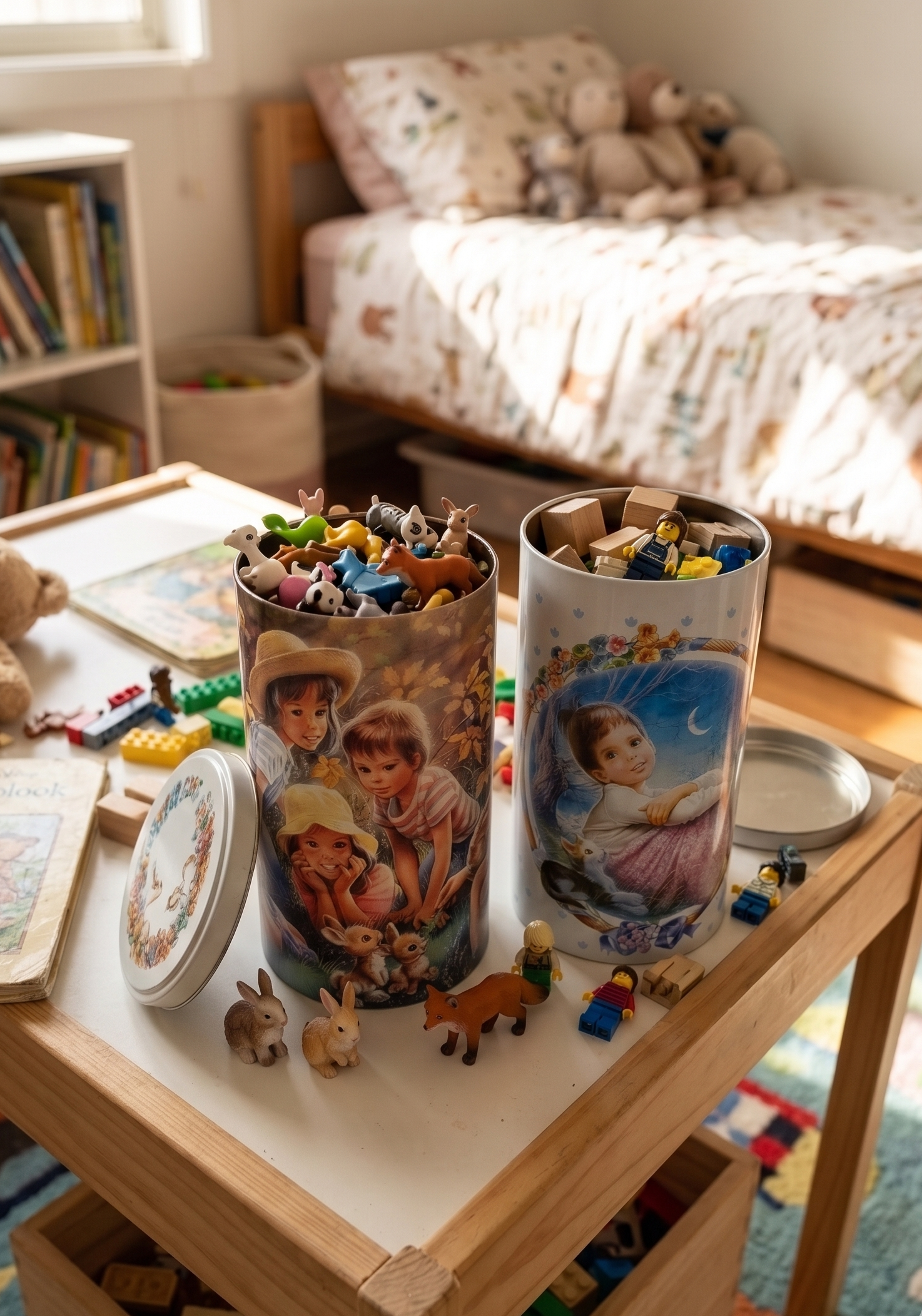Lot de deux anciennes boîtes à biscuits cylindriques en métal lithographié de l'univers de l'héroïne de livres Martine, illustrations de Marcel Marlier datant des années 1990, parfaites pour le rangement décoratif de la chambre d'enfant.