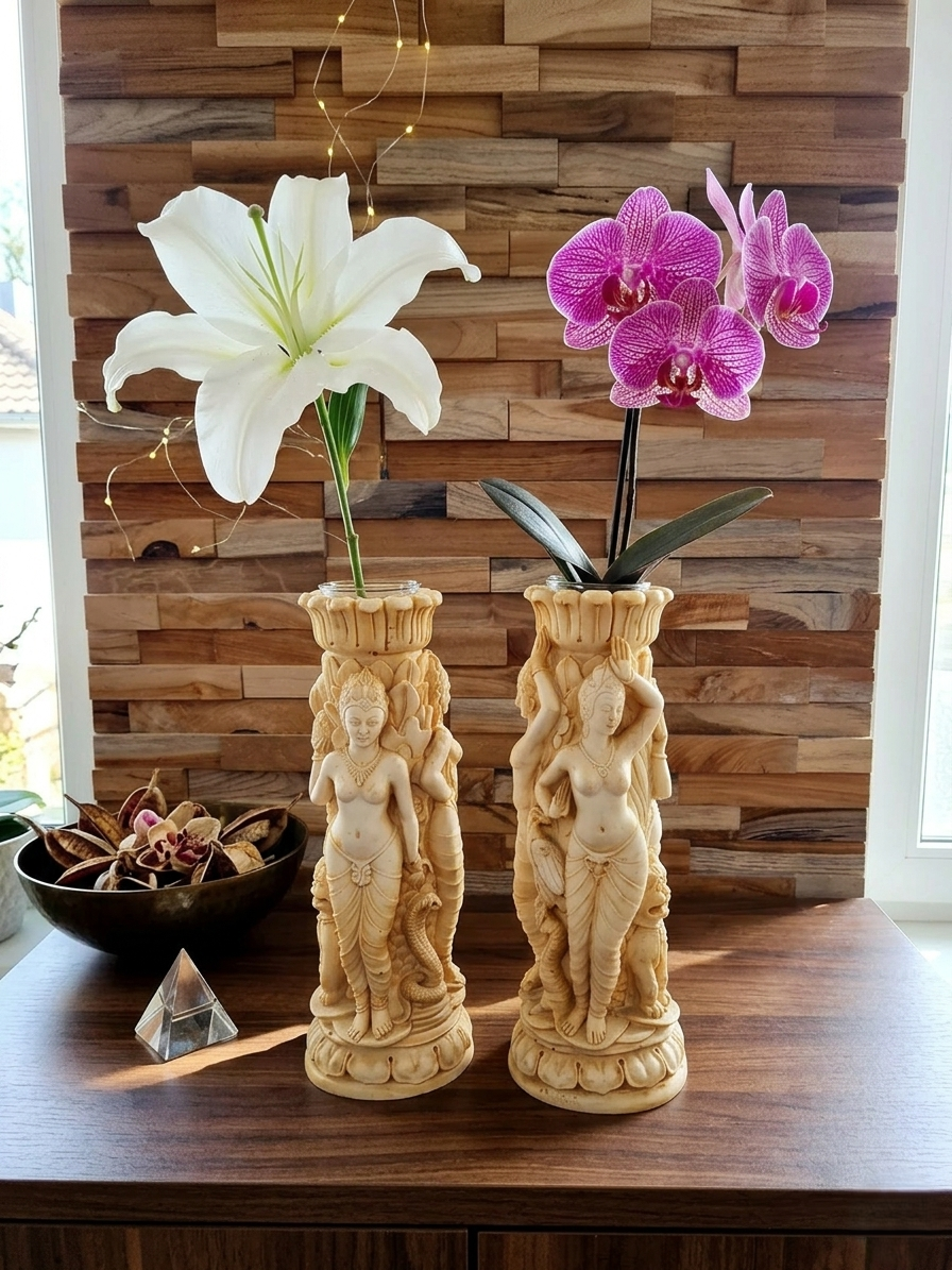 Paire bougeoirs sculptés résine ivoire au décor riche de déesses et d'animaux, sur un fond de bois clair. Utilisé en soliflores avec 1 lys et 1 orchidée. 