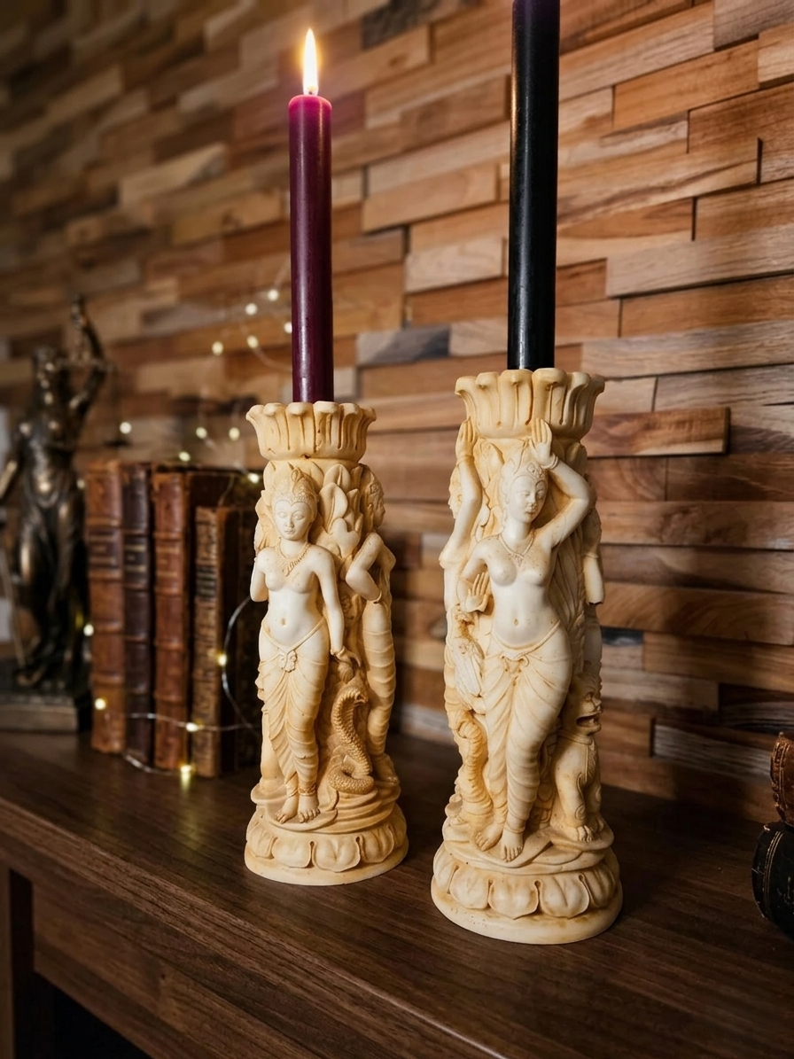 Paire bougeoirs sculptés résine ivoire au décor riche de déesses et d'animaux, sur un fond de bois clair.