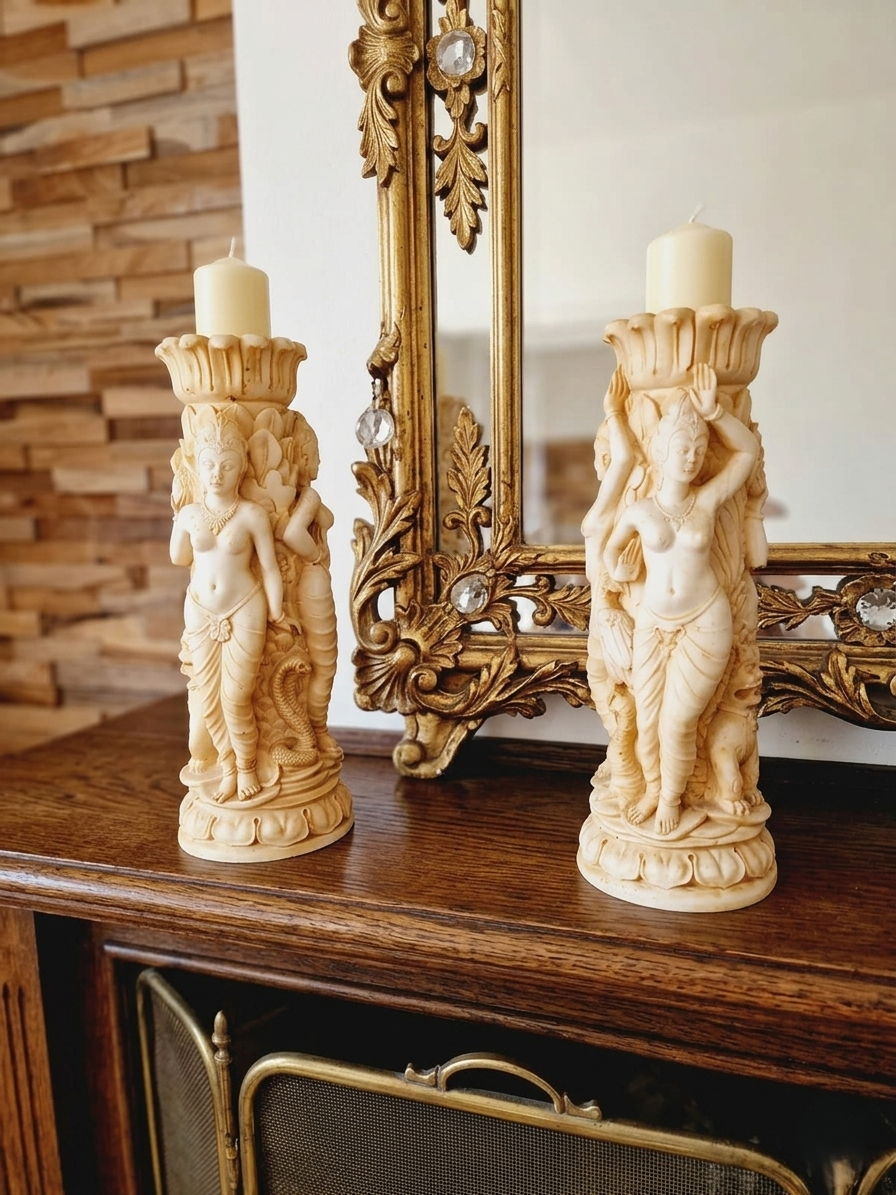 Paire bougeoirs sculptés résine ivoire au décor riche de déesses et d'animaux, devant un miroir doré et un fond de bois clair.