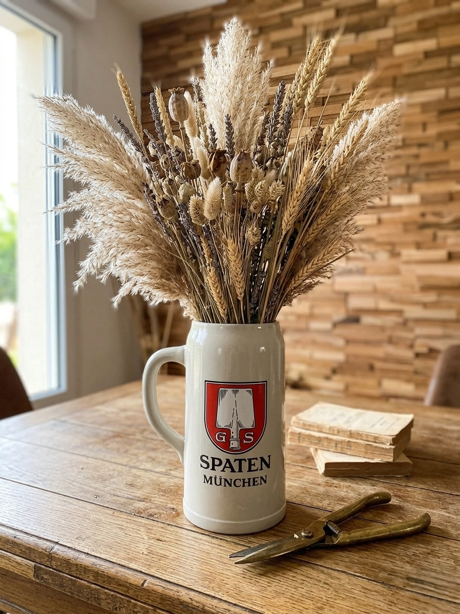 Très grande choppe à bière en grès gris avec logo rouge Spaten München et bandes blanches, contenance 5 litres, style bavarois vintage. Utilisé en vase pour accueillir un joli bouquet de fleurs séchées. 