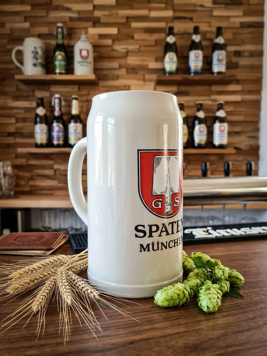 Très grande choppe à bière en grès gris avec logo rouge Spaten München et bandes blanches, contenance 5 litres, style bavarois vintage. Posée sur le bar en pièce centrale. 