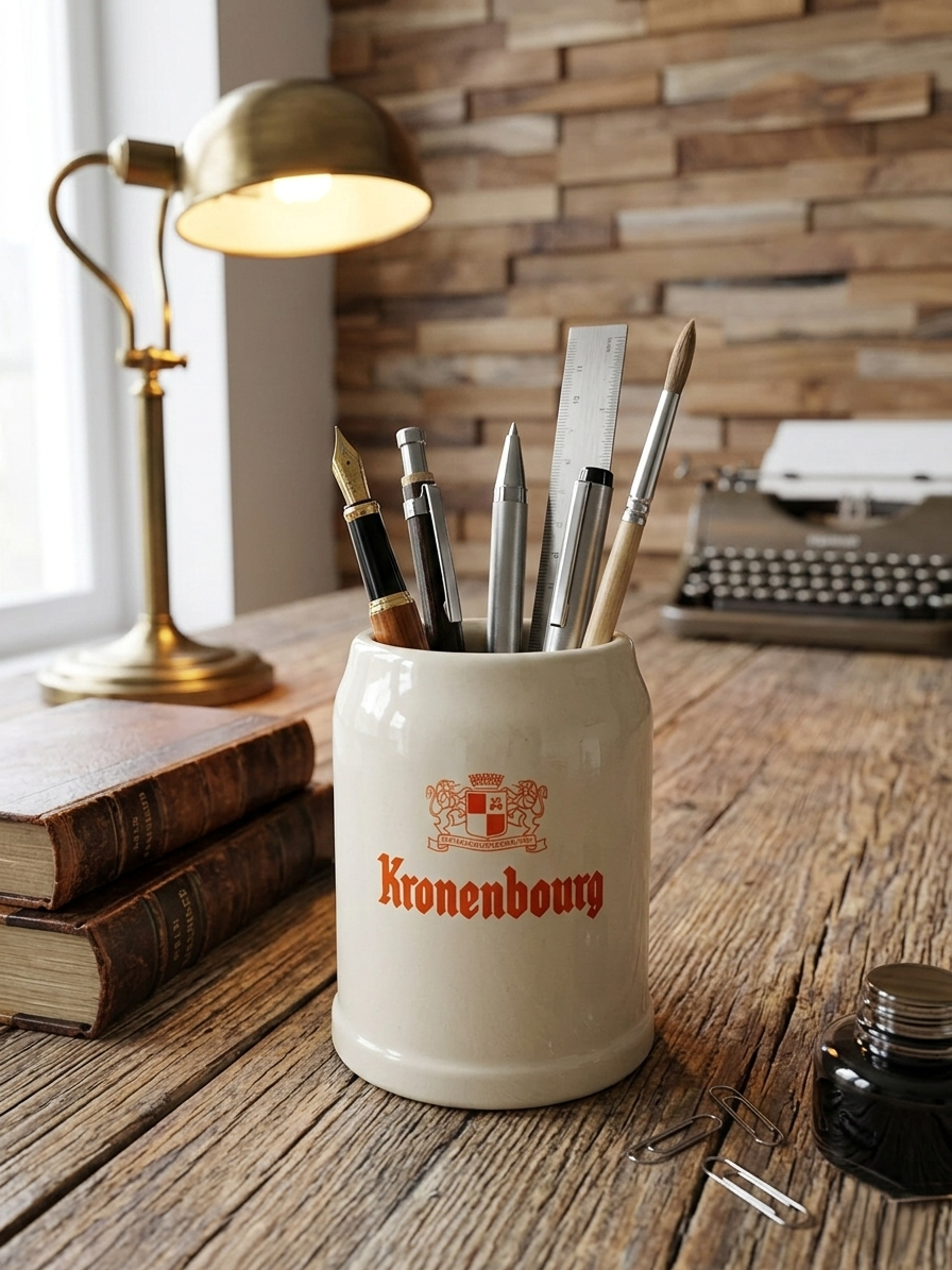 Petite choppe à bière vintage Kronenbourg en grès crème avec logo rouge et signature Baudoin RF Belgium gravée sous la base. Utilisé en pot à crayons de caractère. 