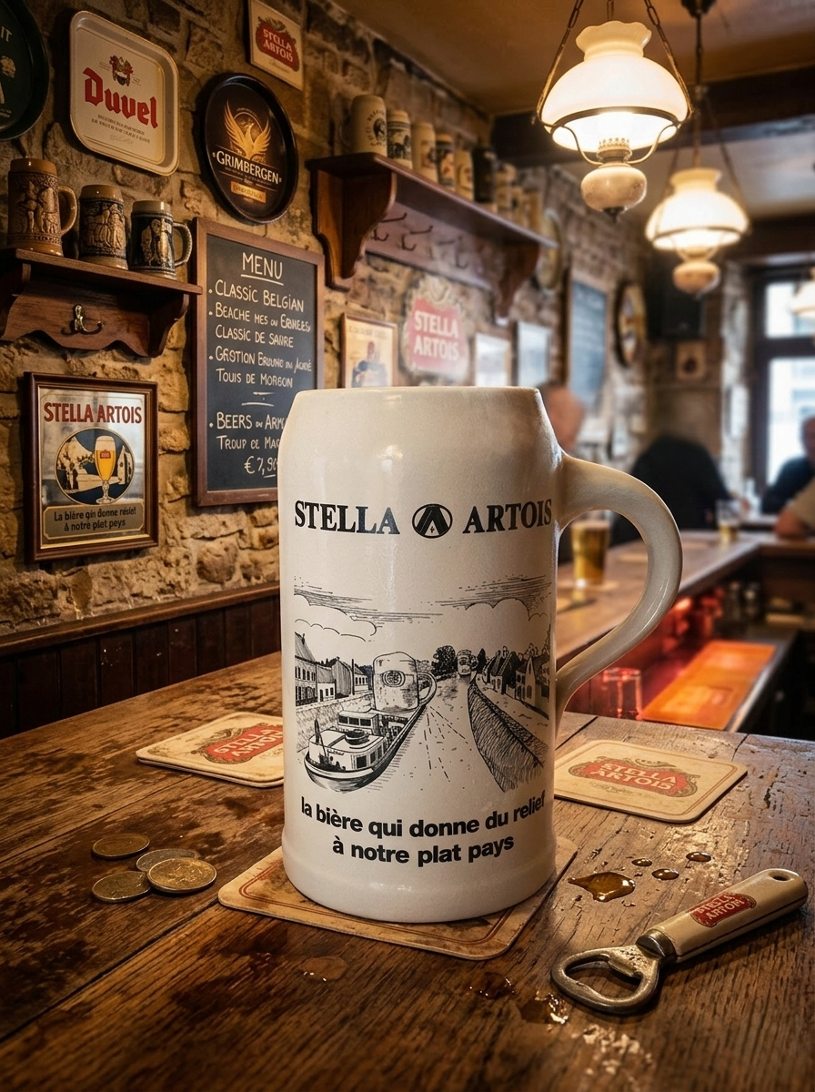 Grande choppe à bière en grès beige portant le logo Stella Artois et l'inscription noire "la bière qui donne du relief à notre plat pays" avec une illustration de péniche. Posé sur le bar, ambiance bistrot, taverne.