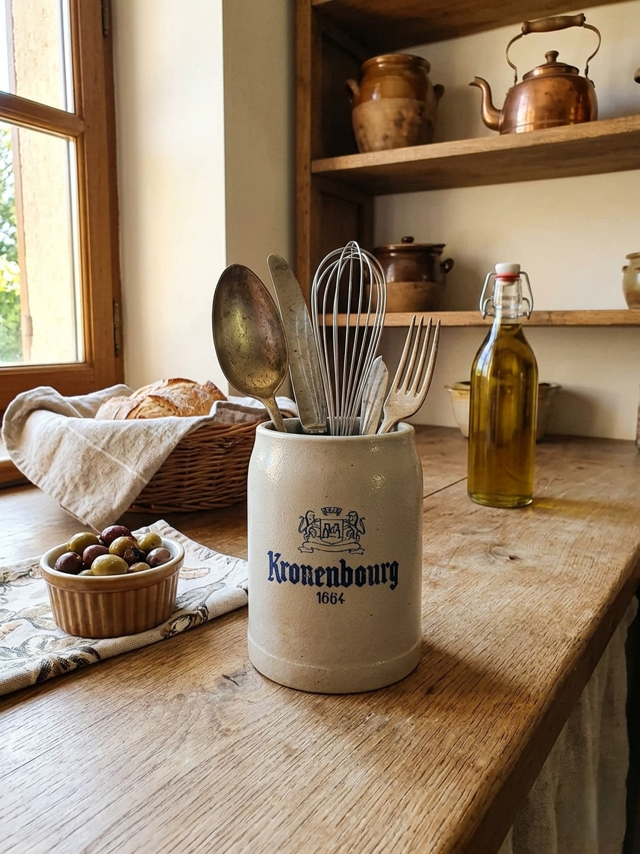 Petite choppe à bière en grès gris et bleu cobalt avec logo Kronenbourg en relief, fabriquée en Allemagne, style traditionnel rustique. Utilisé comme pot à ustensiles de cuisine dans une cuisine campagne.