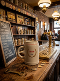 Petite choppe à bière vintage Stella Artois en grès gris avec logo rouge et or, format 25 cl, posée sur un bar en bois.