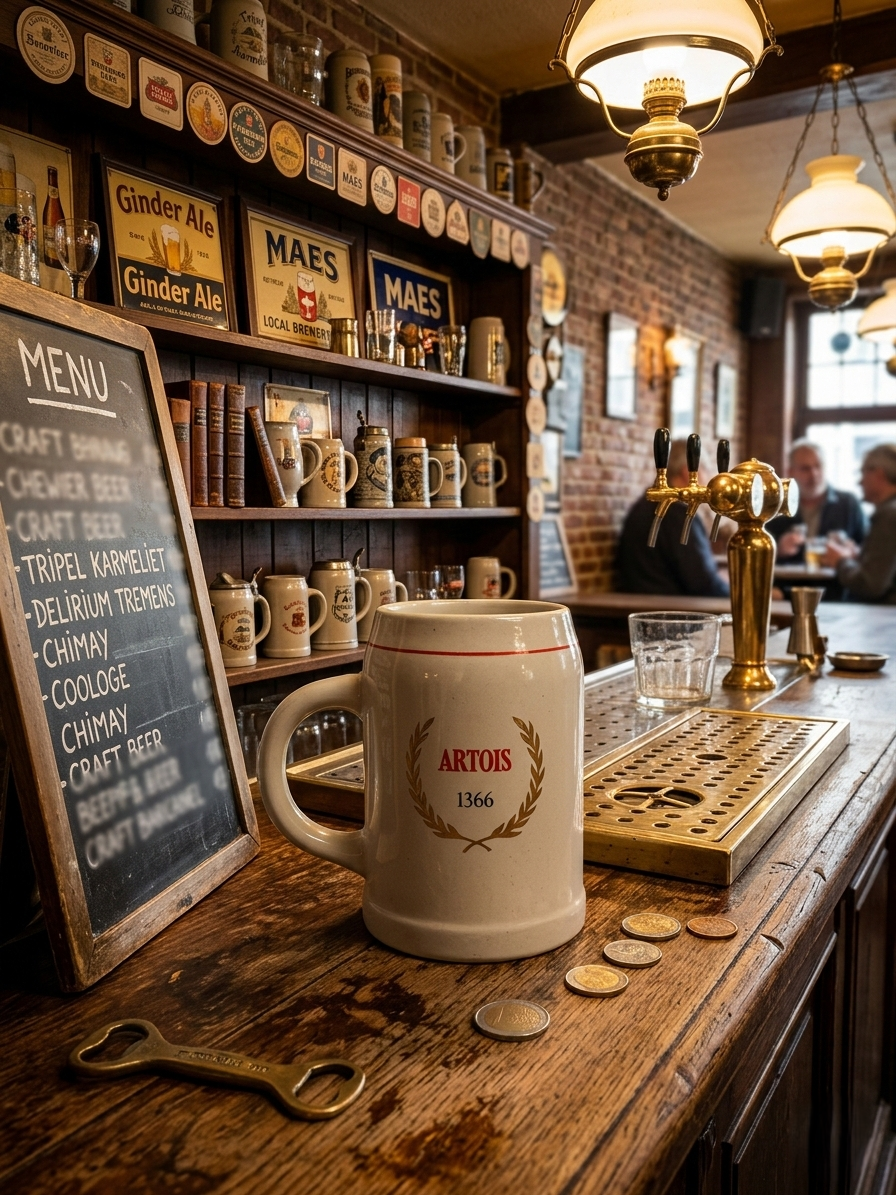 Petite choppe à bière vintage Stella Artois en grès gris avec logo rouge et or, format 25 cl, posée sur un bar en bois.