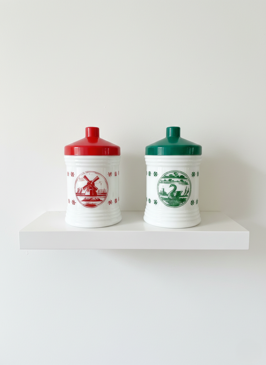 Lot de 2 Bocaux Milk Glass "Folklore Hollandais" : Le Chic Rétro-Pop (70's) 🇳🇱 - LVR