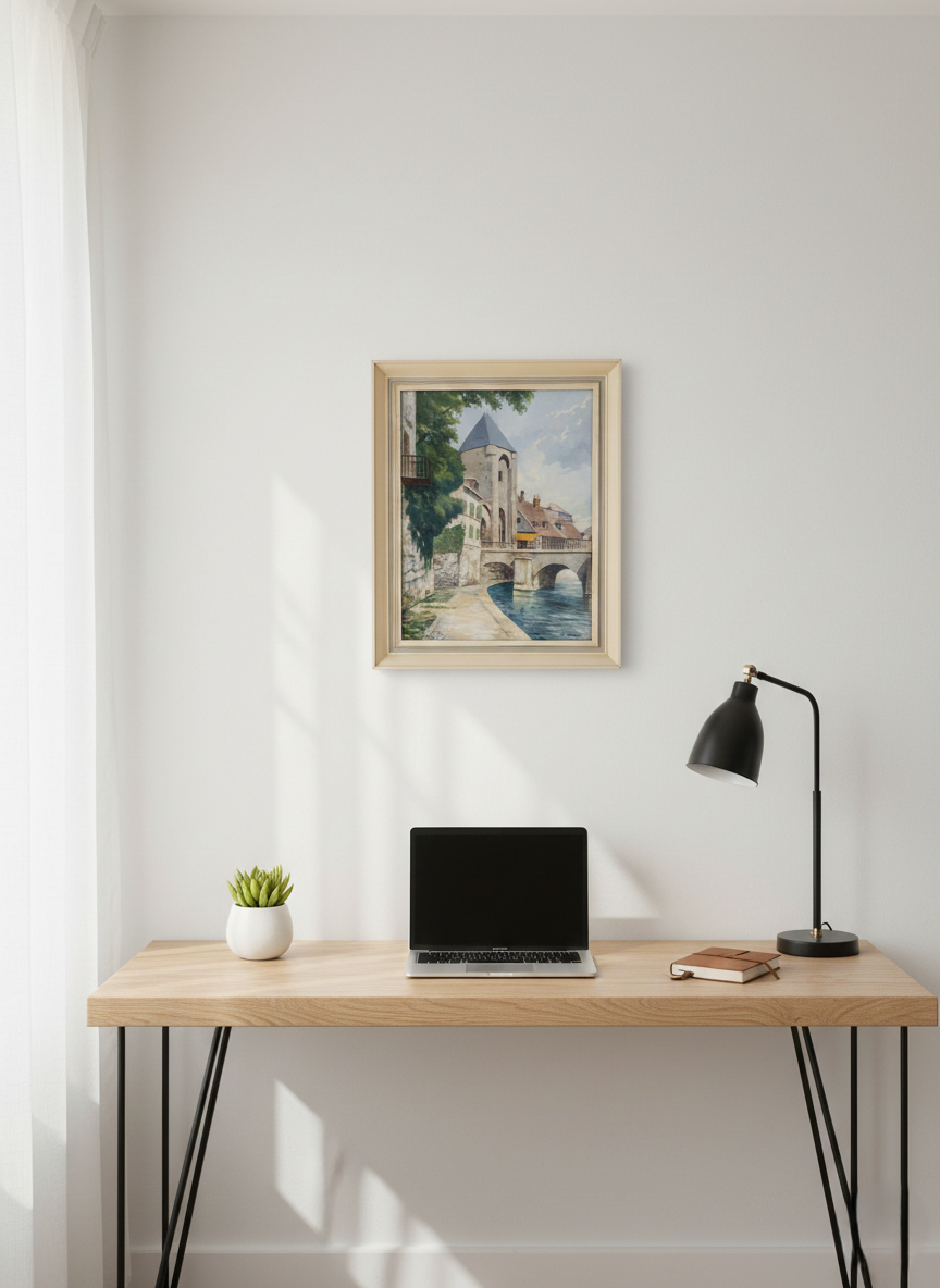 Tableau Vintage "Moret-sur-Loing" Signé A. Gounot - Paysage Bords du Loing - Encadré 47x38cm - LVR