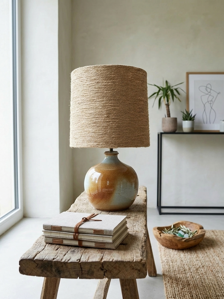 Une lampe vintage imposante composée d'un pied en grès français beige moucheté et d'un grand abat-jour en toile de jute tressée, diffusant une lumière chaude dans un intérieur à la décoration naturelle.
