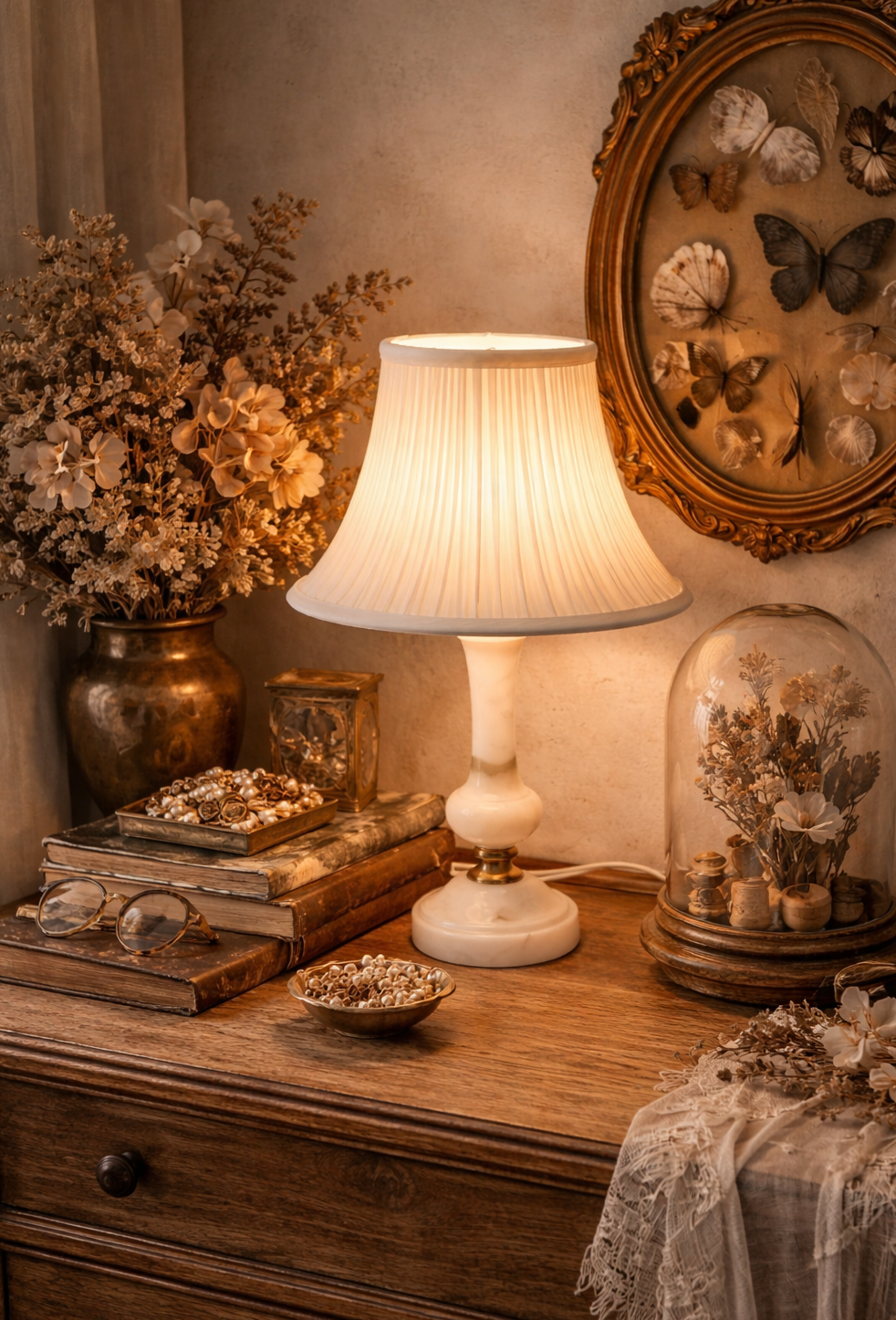 Petite lampe de chevet vintage avec un pied cylindrique en albâtre blanc veiné et un abat-jour plissé en tissu blanc.