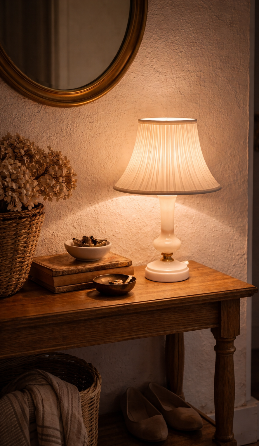 Petite lampe de chevet vintage avec un pied cylindrique en albâtre blanc veiné et un abat-jour plissé en tissu blanc. Sur la console d'entrée.