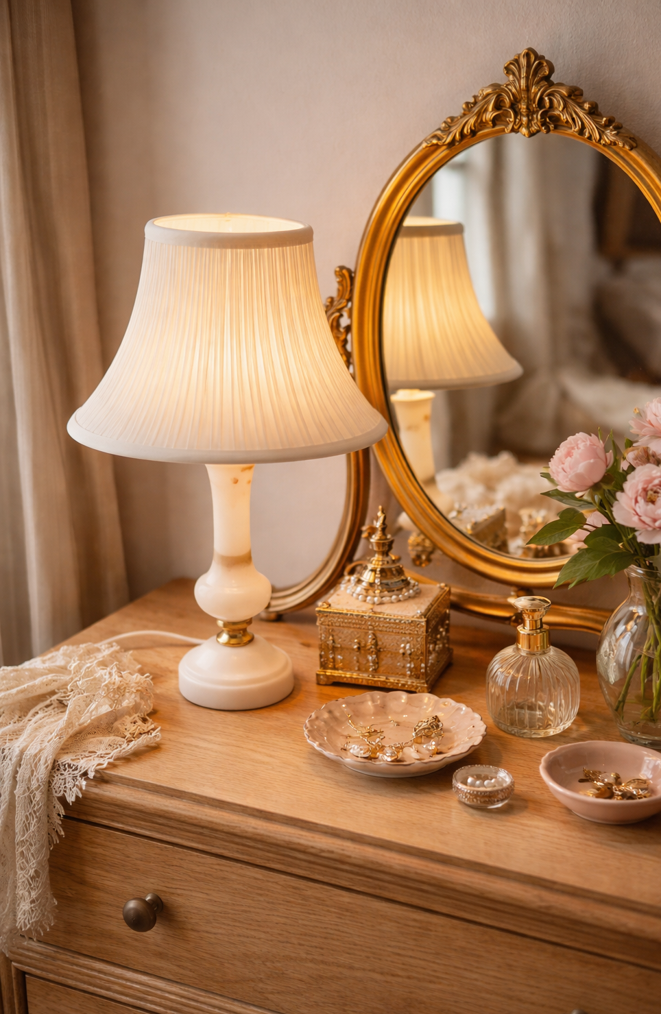Petite lampe de chevet vintage avec un pied cylindrique en albâtre blanc veiné et un abat-jour plissé en tissu blanc. Posée sur une coiffeuse dans une chambre.