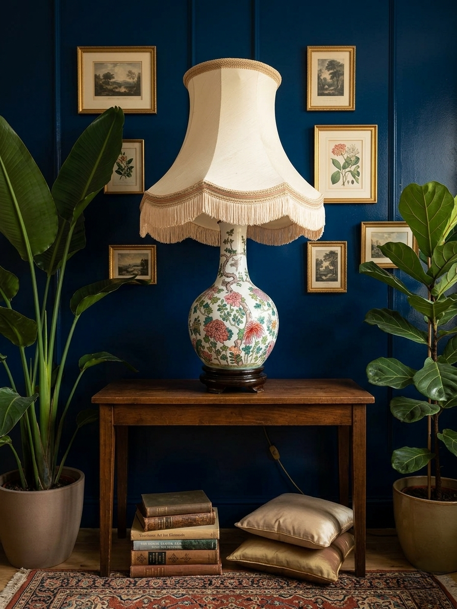 Grande lampe de parquet vintage composée d'un vase en porcelaine blanche décoré de fleurs et d'oiseaux (style Famille Rose), sur un socle en bois foncé. L'abat-jour en lin est orné de franges colorées.