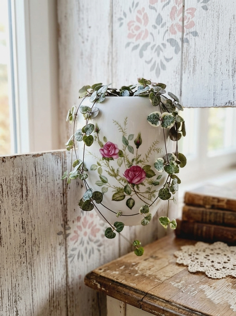 Pot mural arrondi en porcelaine blanche brillante orné de motifs de roses roses et rouges, avec trous de fixation au dos, style vintage romantique. Utilisé en cache pot avec une magnifique plante tombante style chaine de coeur. 