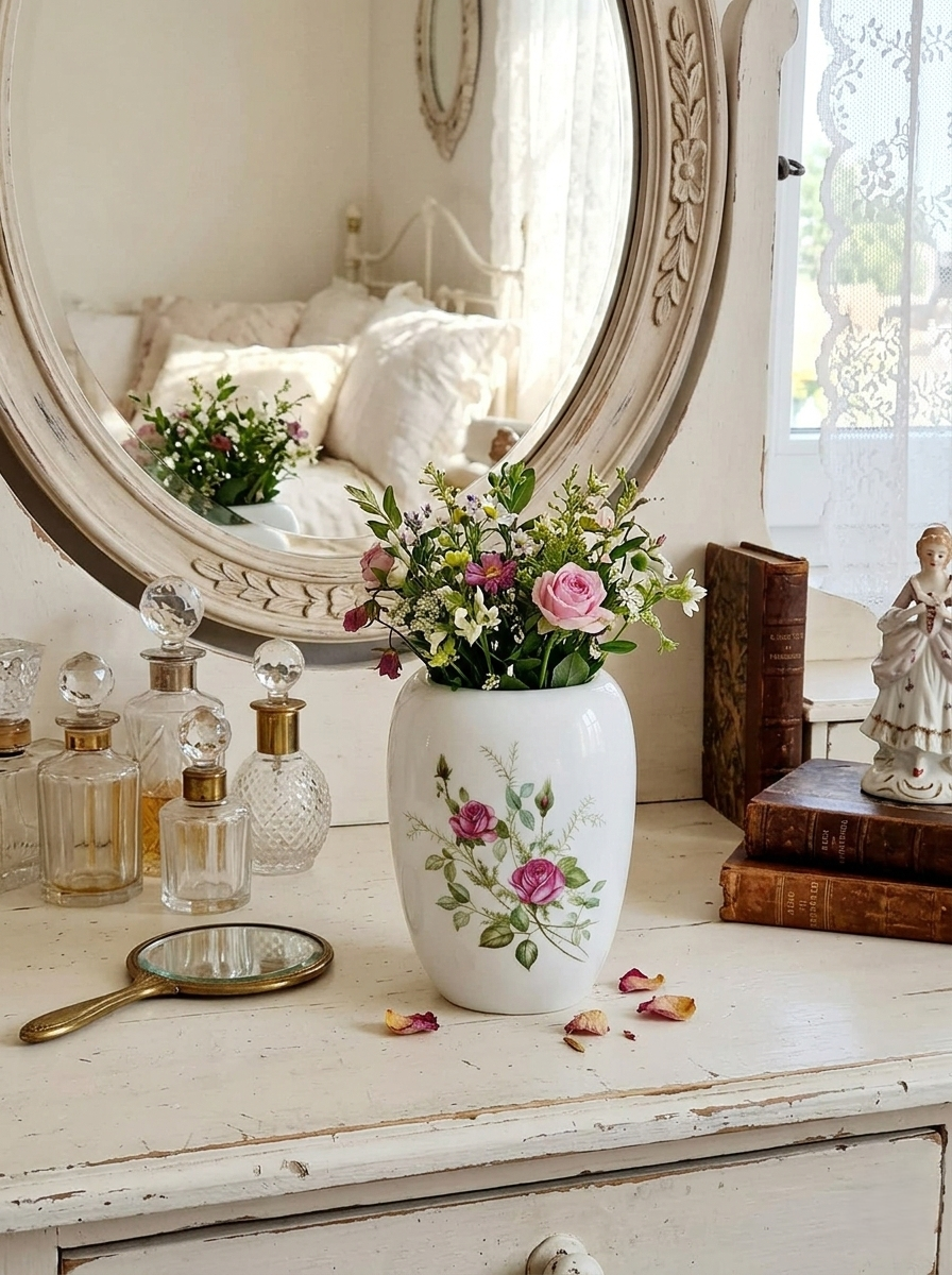 Pot mural arrondi en porcelaine blanche brillante orné de motifs de roses roses et rouges, avec trous de fixation au dos, style vintage romantique. Utilisé en vase posé sur la coiffeuse avec une bouquets de fleurs du jardin. 