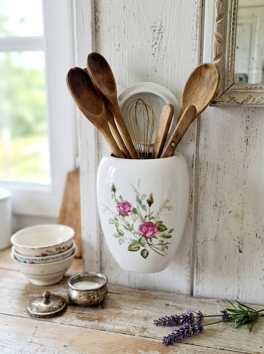 Pot mural arrondi en porcelaine blanche brillante orné de motifs de roses roses et rouges, avec trous de fixation au dos, style vintage romantique. Utilisé pour ranger des ustensiles de cuisine et accroché au mur.