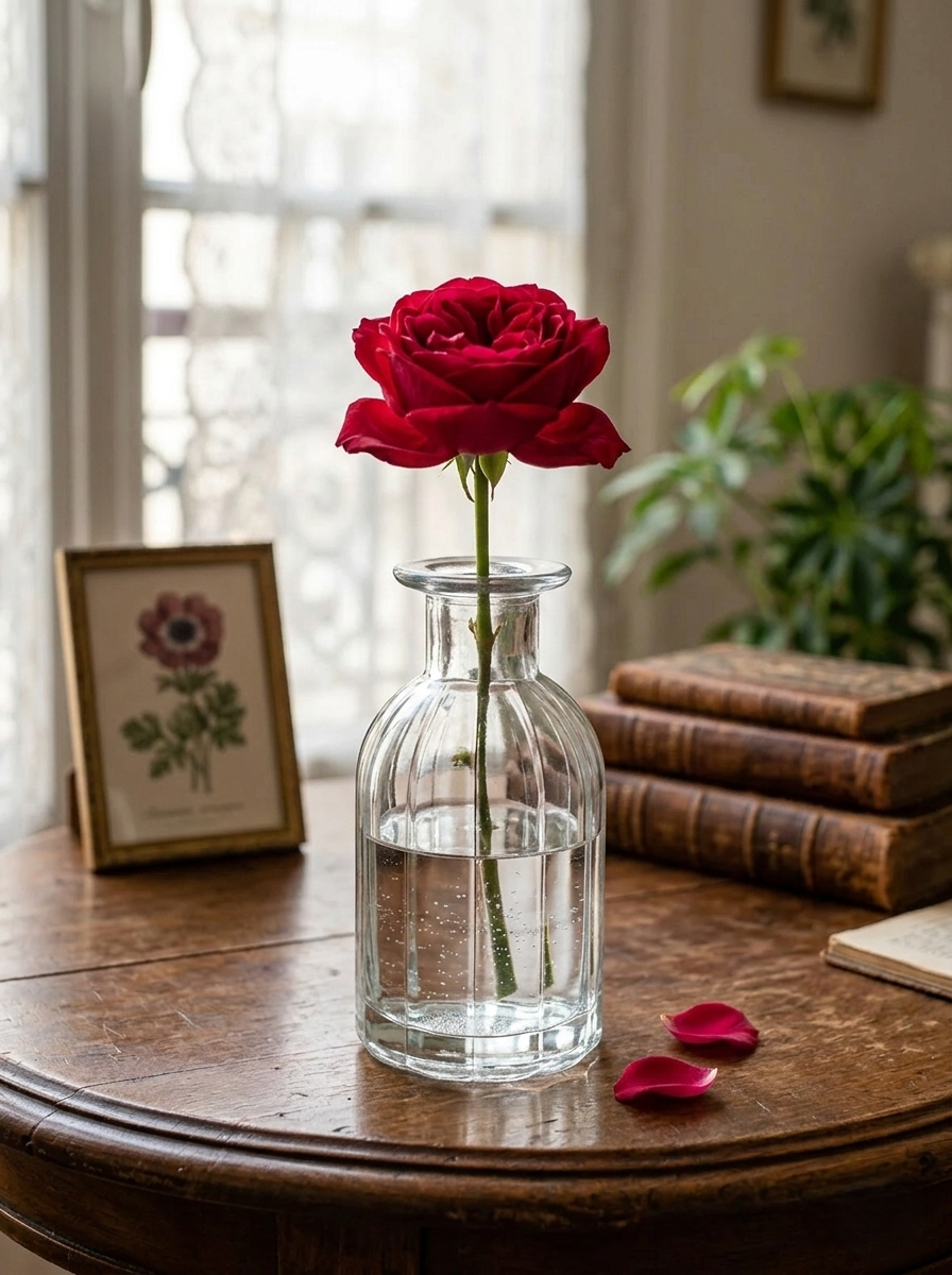 Petit vase soliflore cylindrique en verre transparent massif avec une base large et stable, design épuré des années 1970.