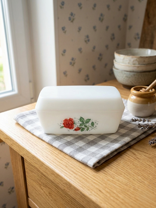 Beurrier rectangulaire en verre opale blanc avec couvercle, orné d'un motif de roses rouges délicates Arcopal Rose de France.