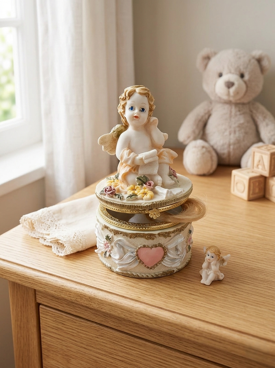 Boîte ronde en céramique blanche avec couvercle surmonté d'une figurine d'ange tenant une lettre, ornée de fleurs rouges et jaunes et d'un cœur rose en relief.