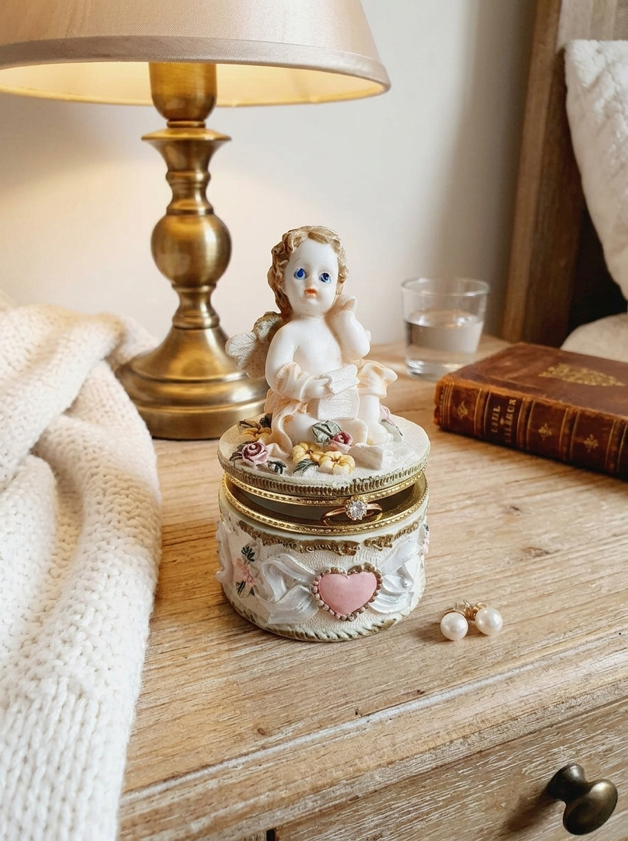 Boîte ronde en céramique blanche avec couvercle surmonté d'une figurine d'ange tenant une lettre, ornée de fleurs rouges et jaunes et d'un cœur rose en relief.