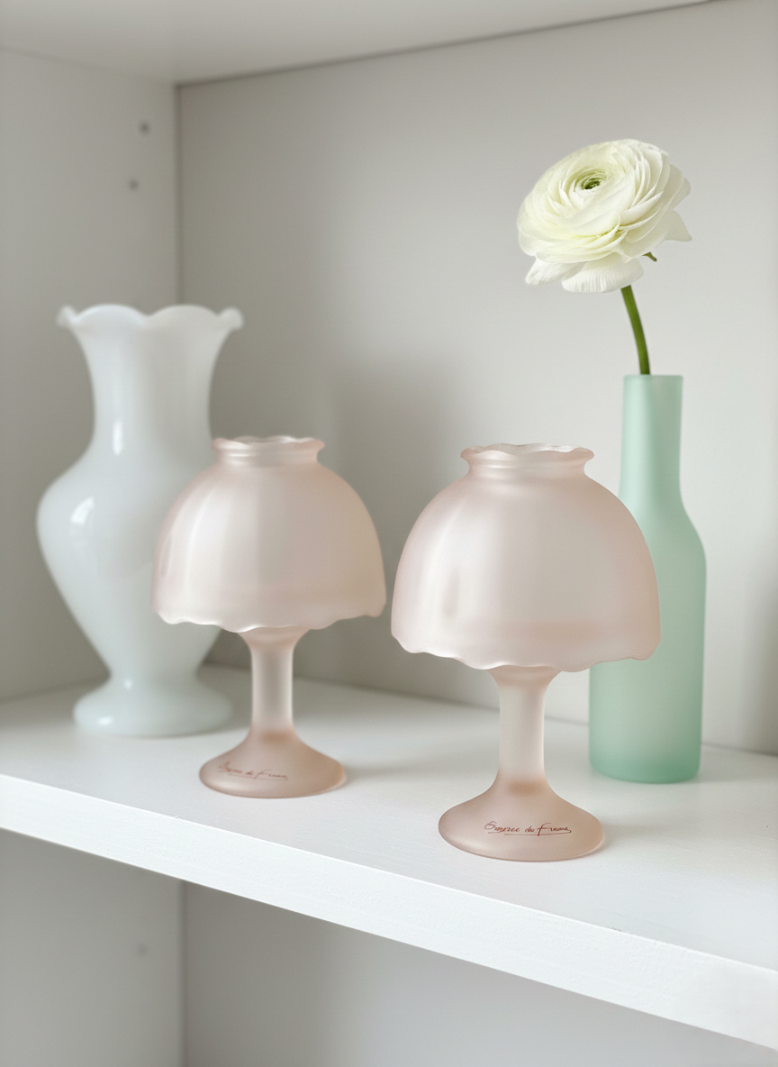Paire de Bougeoirs Verre Dépoli Rose Poudré : Esprit Bergère de France (Années 80) - LVR