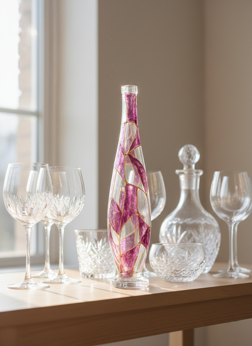 Bouteille d'Art en Verre Soufflé : Fuchsia & Or (Années 50-70) - LVR