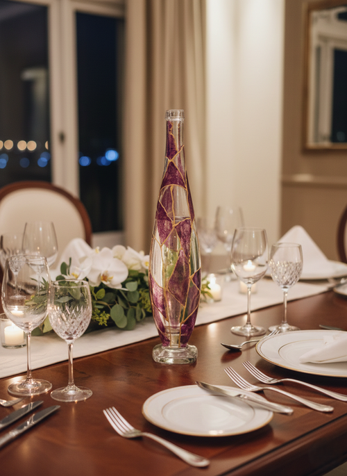 Bouteille d'Art en Verre Soufflé : Fuchsia & Or (Années 50-70) - LVR