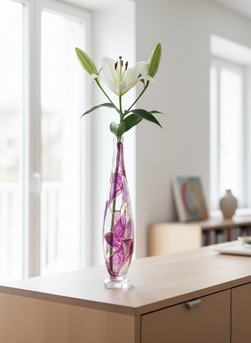 Bouteille d'Art en Verre Soufflé : Fuchsia & Or (Années 50-70) - LVR
