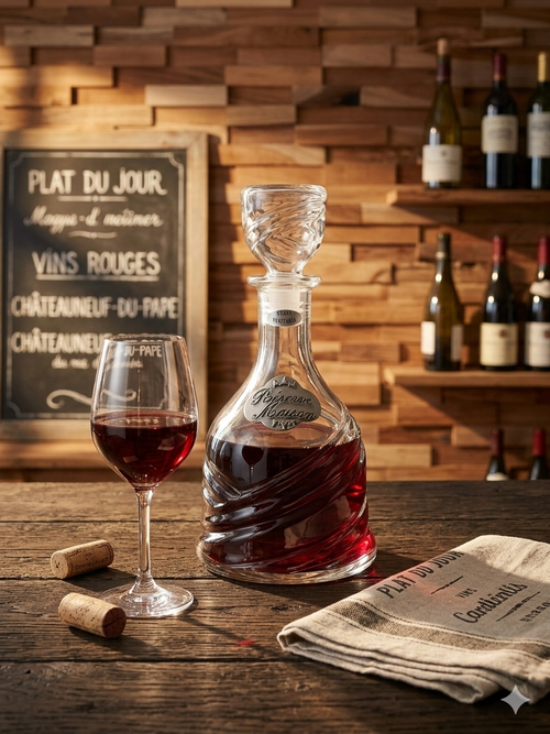 Une carafe d'eau élégante de 25 cm de hauteur, fabriquée en verre torsadé et en étain véritable, portant l'inscription 'Réserve Maison