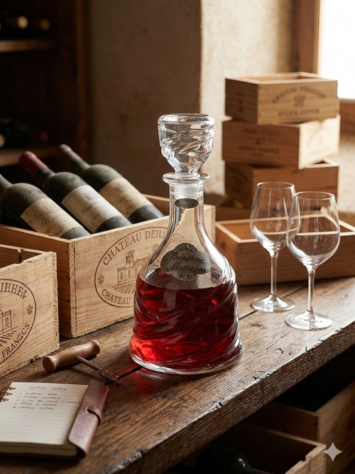 Une carafe d'eau élégante de 25 cm de hauteur, fabriquée en verre torsadé et en étain véritable, portant l'inscription 'Réserve Maison