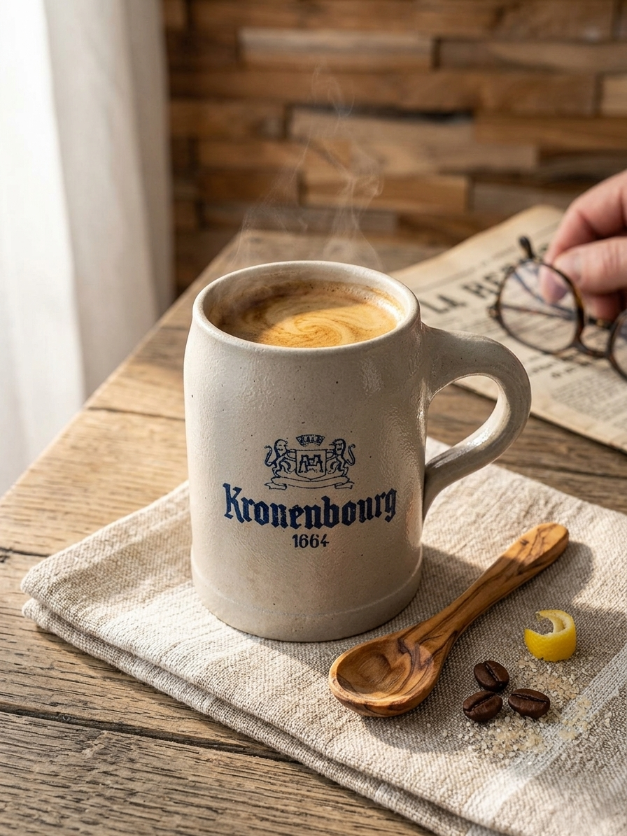 Petite choppe à bière en grès gris et bleu cobalt avec logo Kronenbourg en relief, fabriquée en Allemagne, style traditionnel rustique. Utilisé en grande tasse pour un grand café matinal.
