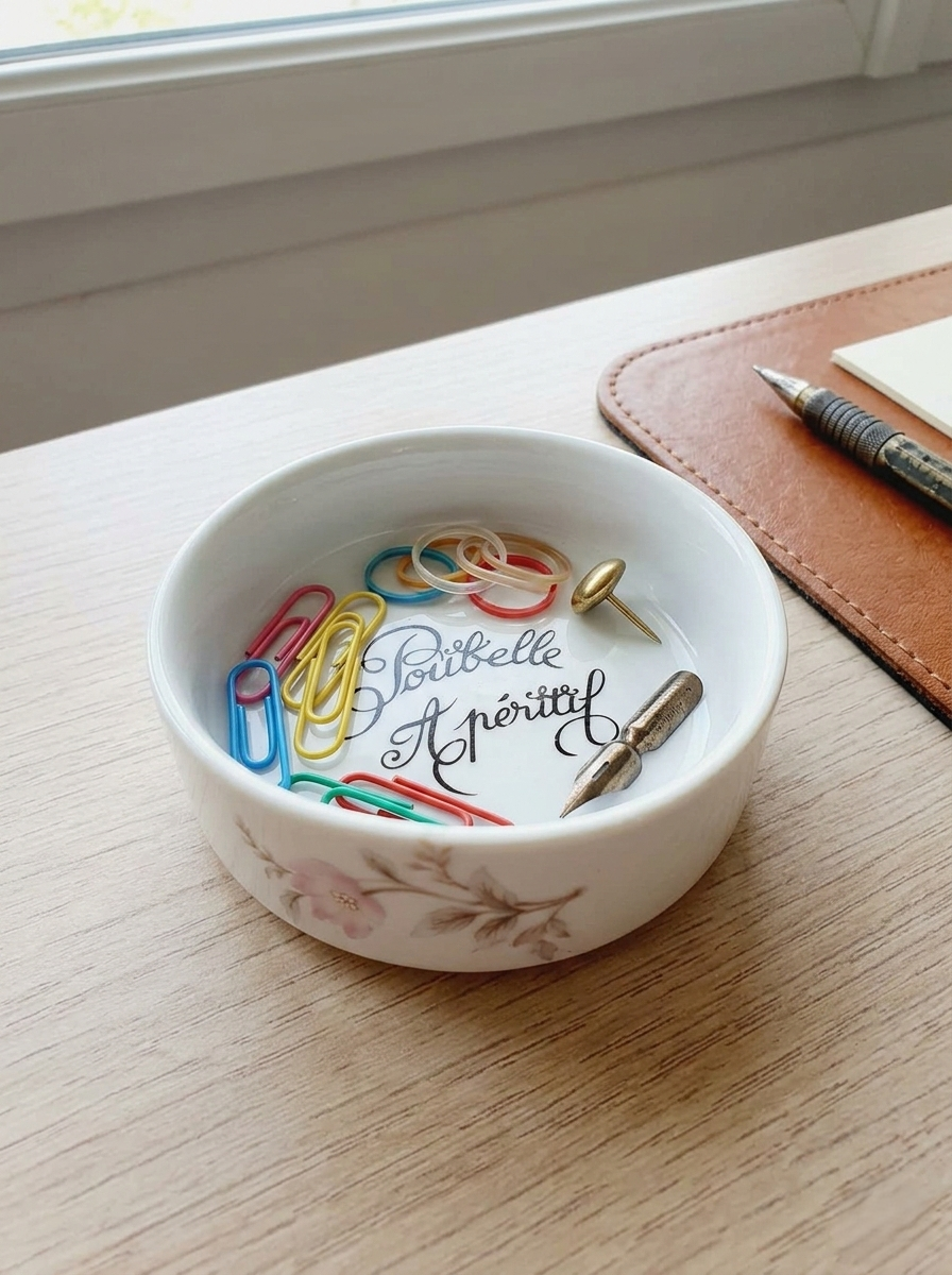 Petite coupelle ronde en porcelaine blanche brillante avec l'inscription noire "Poubelle Apéritif" à l'intérieur et de fines fleurs colorées sur le bord extérieur.