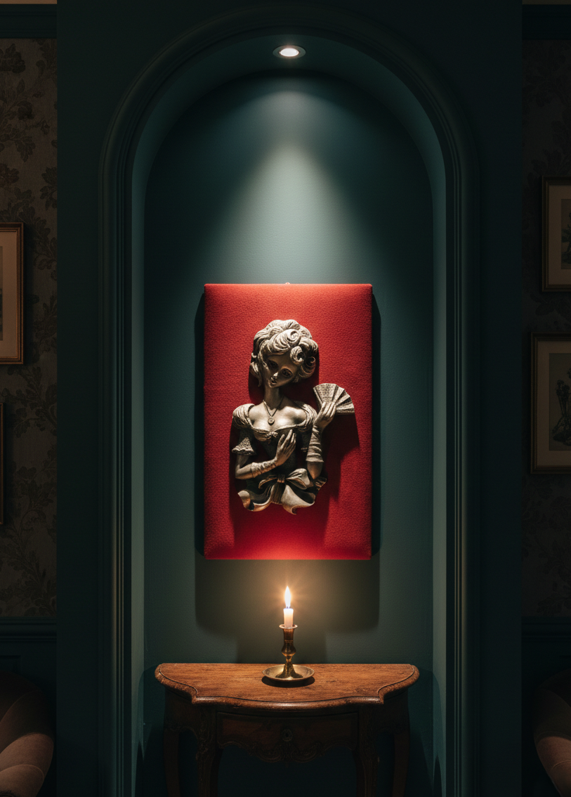 Une mise en scène de style rétro-romantique montrant un coin lecture chaleureux. Au centre, un petit tableau en bas-relief représentant une femme élégante à l'éventail est accroché sur un support en velours rouge, fixé à un mur en briques de bois.