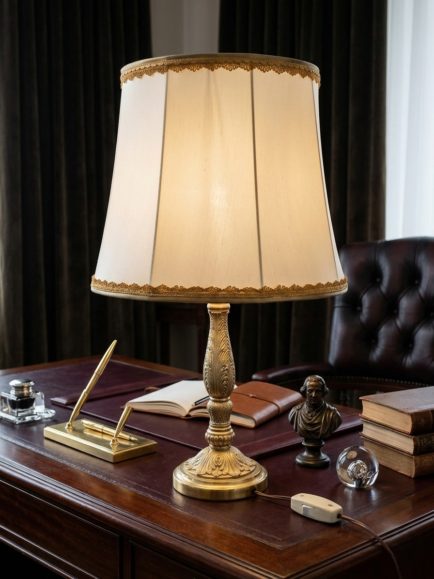Lampe de table de style Regency & Art Français années 50-60. Lampe en laiton haussmannien vintage. Elle possède un pied en laiton sculpté combinant une base ornée. Son grand abat-jour en tissu de couleur crème est bordé de galons décoratifs. 