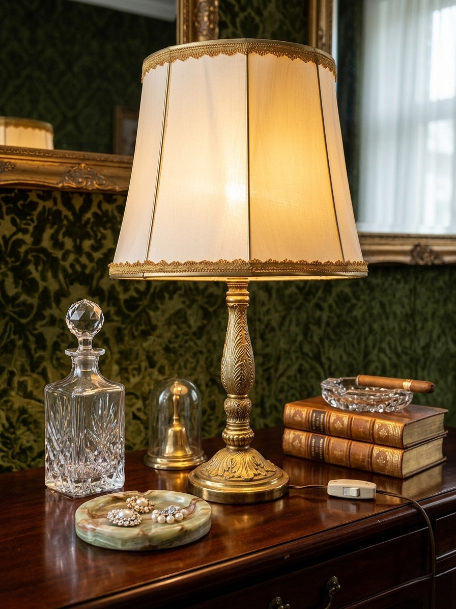 Lampe de table de style Regency & Art Français années 50-60. Lampe en laiton haussmannien vintage. Elle possède un pied en laiton sculpté combinant une base ornée. Son grand abat-jour en tissu de couleur crème est bordé de galons décoratifs. 