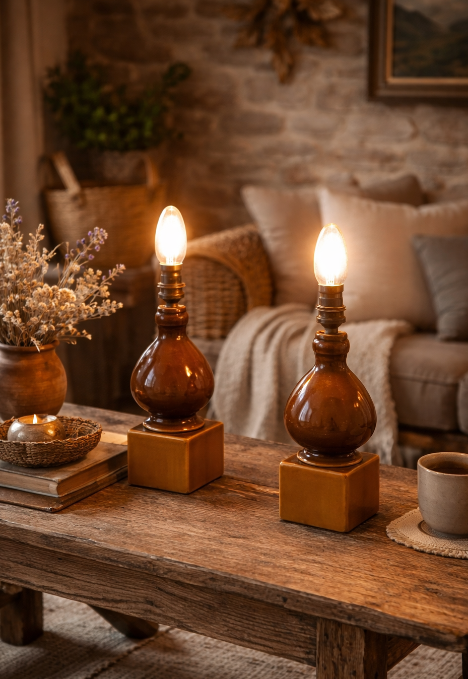 Paire de Pieds de Lampe Vallauris : Céramique Brune & Esprit 70s