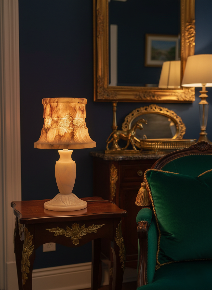 Lampe vintage en albâtre massif sculpté de 33 cm, style Hollywood Regency des années 60. Posée sur une petite tablette montrant le pied balustre et l'abat-jour minéral translucide illuminé d'une lumière chaude orangée.