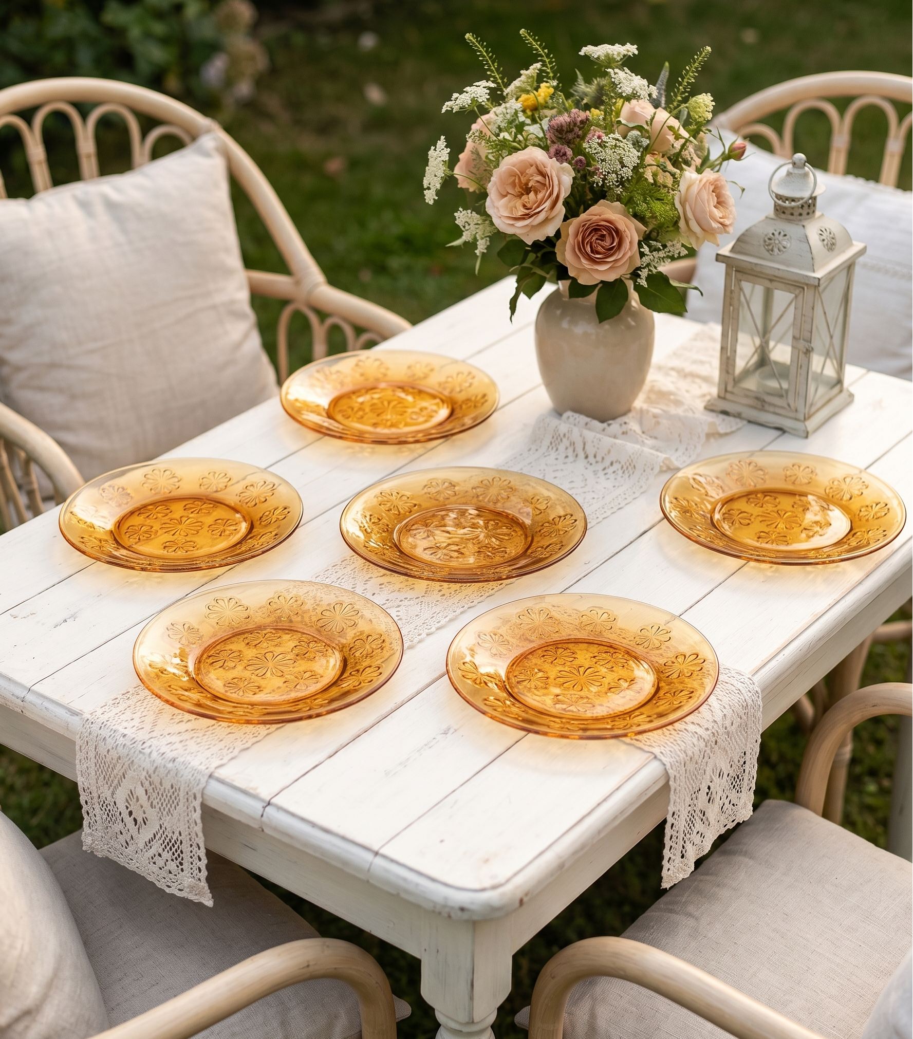 Lot de six assiettes plates rondes à dessert en verre trempé épais de couleur ambrée transparente, ornées d'un motif de fleurs marguerites moulé en relief sur l'extérieur, de la marque française Vereco époque années 1970.