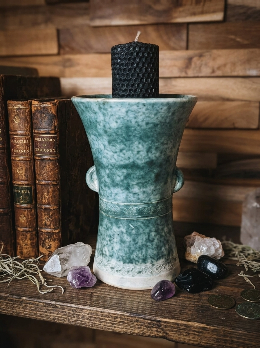 Poterie artisanale en grès avec décor de nœuds celtiques gravés, émail vert et blanc moucheté, deux petites anses sur les côtés, style vintage britannique. Utilisé en bougeoir de décoration à côté de livres anciens.
