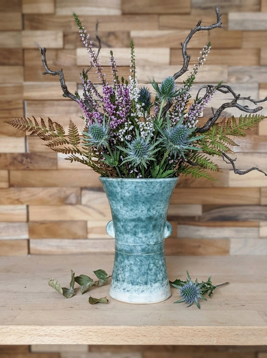 Poterie artisanale en grès avec décor de nœuds celtiques gravés, émail vert et blanc moucheté, deux petites anses sur les côtés, style vintage britannique. Utilisé en vase avec un bouquet de chardons, bruyères et fougères. 