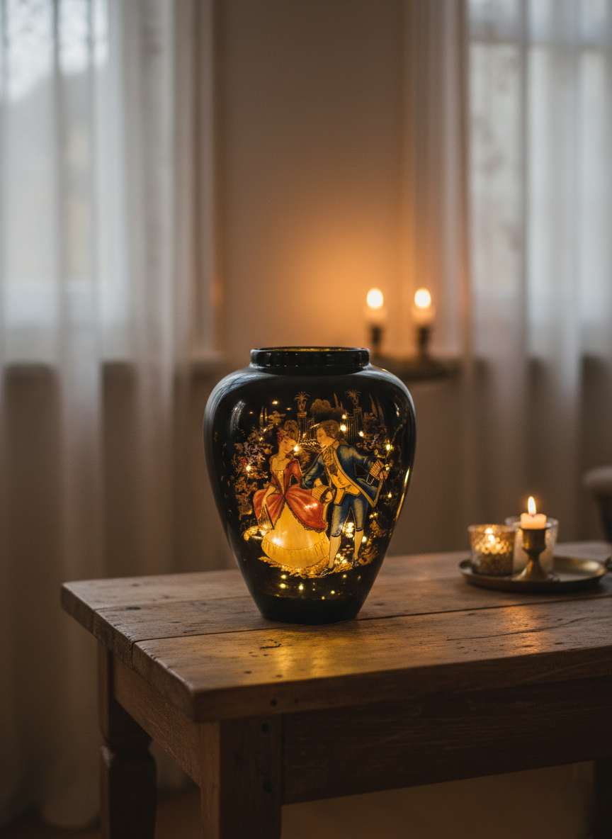 Vase de Collection Noir & Or – Scène Galante Rococo "Roméo & Juliette" 24 cm - LVR