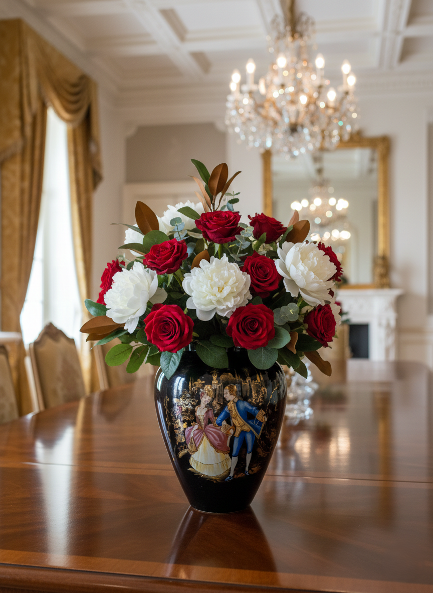 Vase de Collection Noir & Or – Scène Galante Rococo "Roméo & Juliette" 24 cm - LVR